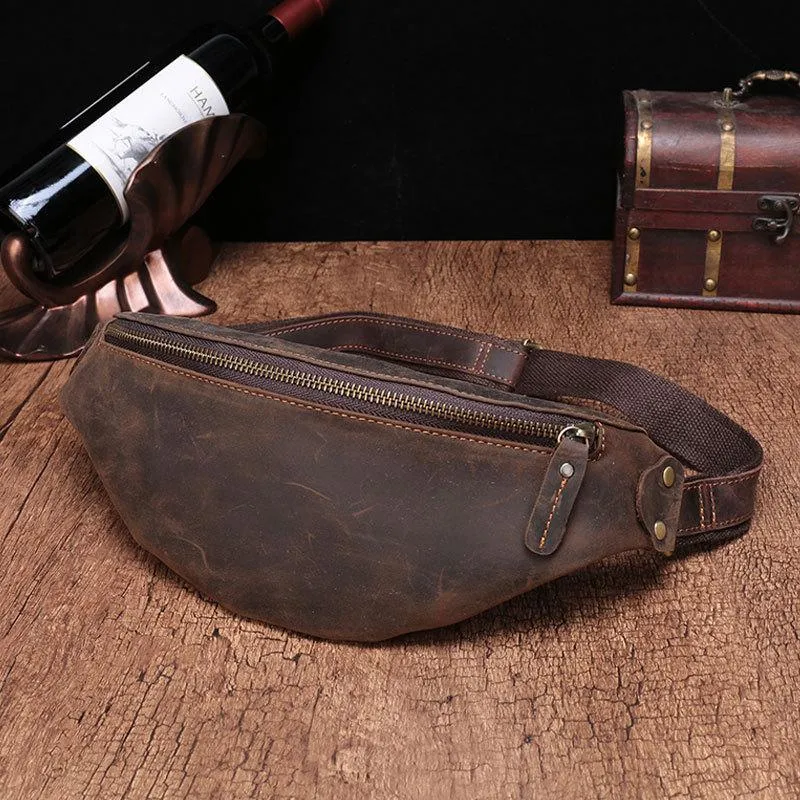 Business Travel Vintage Brown Leather Men's Fanny Pack Coffee Waist Bag Chest Bag For Men
