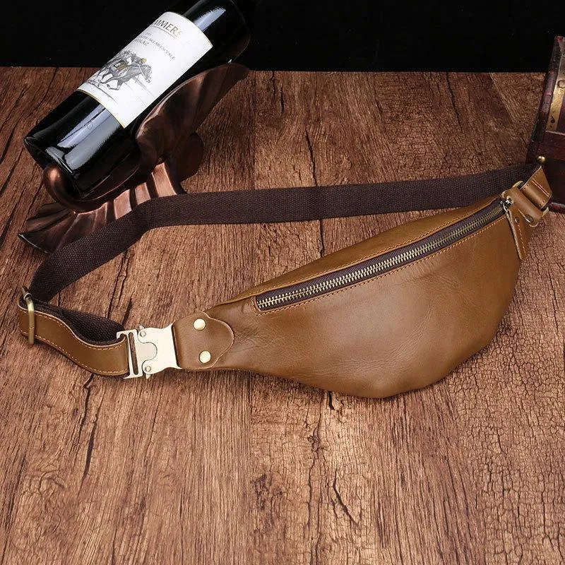Vintage Brown Leather Men's Fanny Pack Coffee Waist Bag Chest Bag For Men Casual Outfit