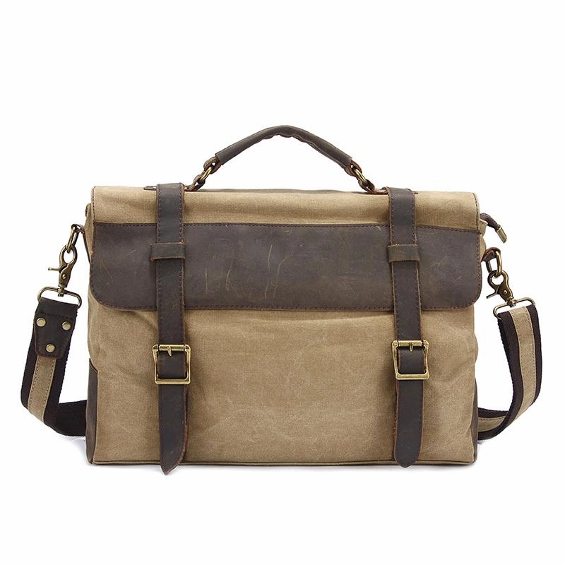 Canvas Leather Mens Vintage Khaki 14'' Briefcase Side Bag Lake Green Messenger Bag Brown Courier Bag for Men Urban Comfort