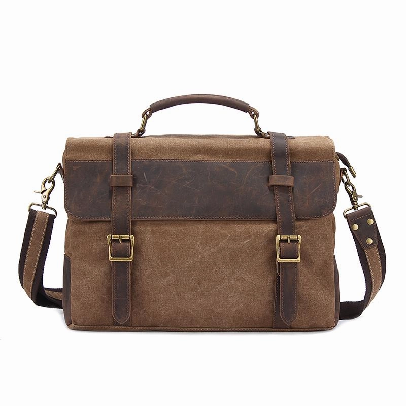 Canvas Leather Mens Vintage Khaki 14'' Briefcase Side Bag Lake Green Messenger Bag Brown Courier Bag for Men Compact Shape