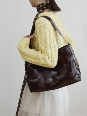 Daily Carry Handwoven Women's Woven Leather Tote Bag, Large Cowhide Leather Woven Laptop Handbag for Work or Casual Use