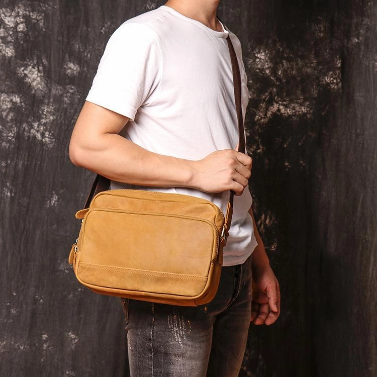 Tan Leather Men's Messenger Bag Side Bag iPad Courier Bags Tan Postman Bag For Men Compact Fit Classic Functionality
