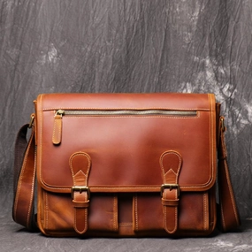 Cool Brown LEATHER MENS 12'' Side BAG COURIER BAG Brown MESSENGER BAG FOR MEN Functional Journey