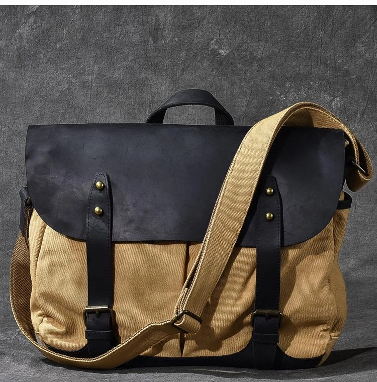 Fashion Utility Canvas Leather Mens Army Green Postman Side Bag 14'' Black Messenger Bag Large Shoulder Bag For Men