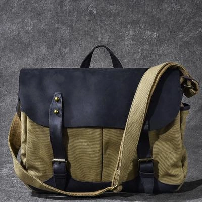 Canvas Leather Mens Army Green Postman Side Bag 14'' Black Messenger Bag Large Shoulder Bag For Men Daily Function
