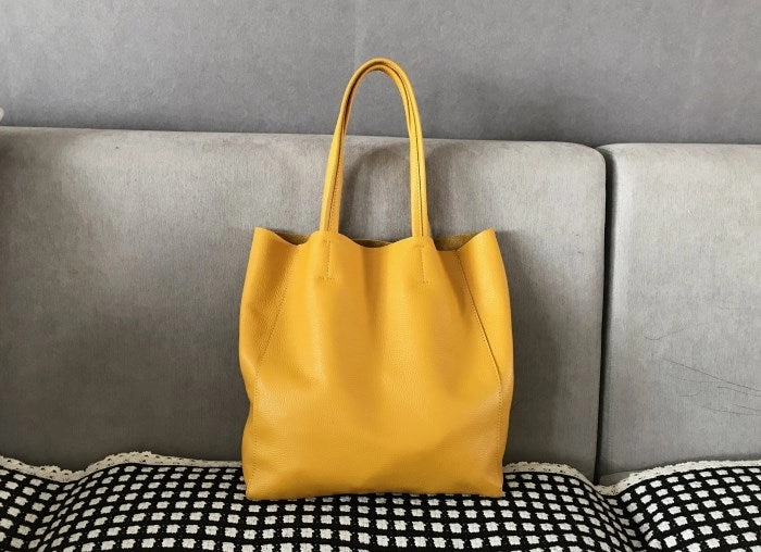 Fashion Womens Yellow Leather Vertical Tote Bags Yellow Shoulder Tote Bags Yellow Handbags Tote For Women Grain Leather