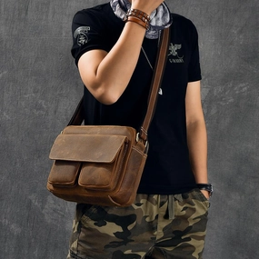 Vintage Leather Mens Small 10" Brown Postman Bag Messenger Bag Small Side Bag For Men Soft Texture