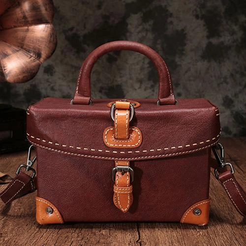 Durable Detail Comfort Style Vintage Women Red Brown Leather Doctor Purse Box Satchel Handbag Shoulder Crossbody Bags Purses