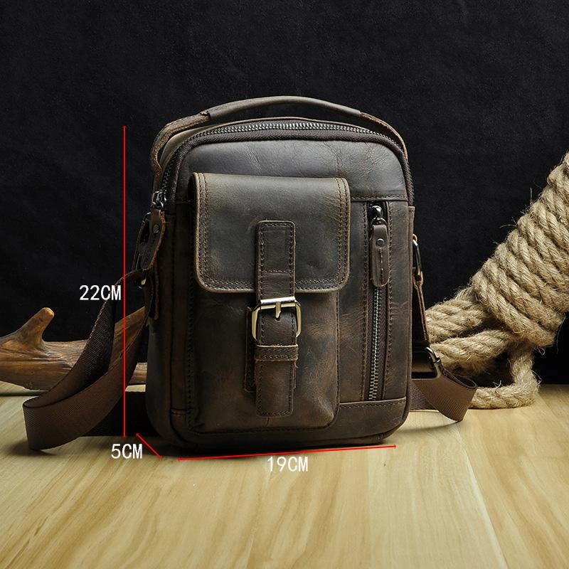 Dark Brown Leather Small Zipper Messenger Bag Vertical Side Bag Brown Courier Bag For Men Compact Durability Functional Reliability