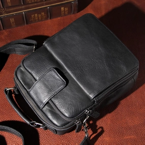Portable Solution Black Leather Mens Small Shoulder Bag Messenger Bag Crossbody Bag for Men