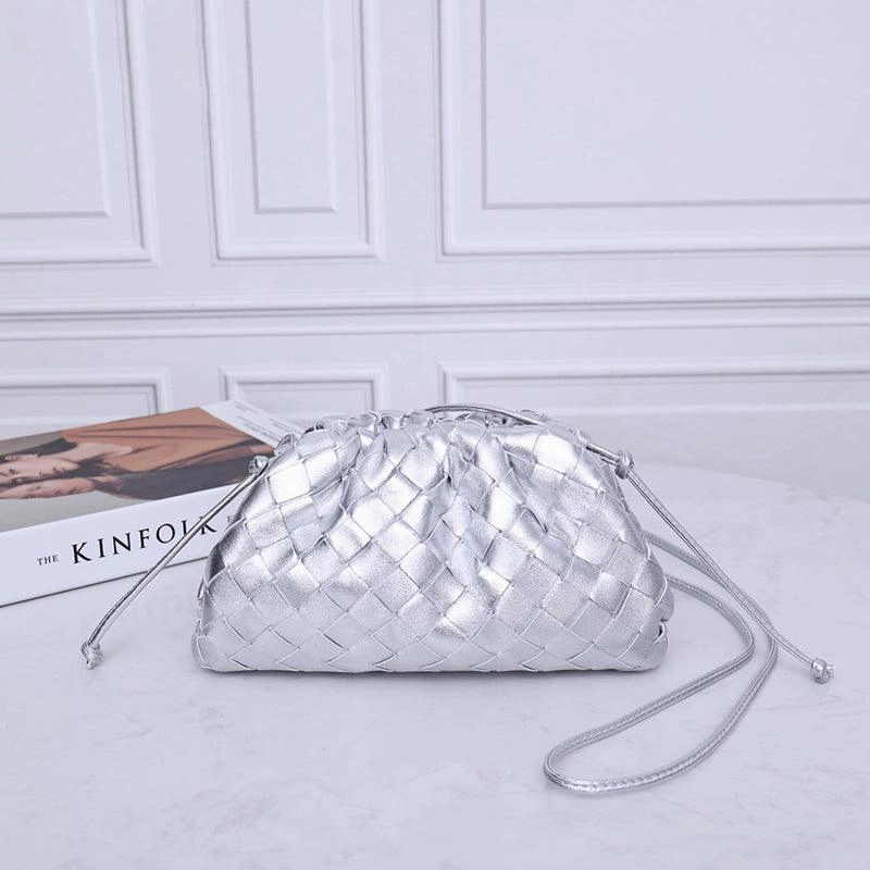 Minimal Form Light Carry Small Handcrafted Lambskin Leather Weave Cloud Pouch With Pleated Design, Woven Crossbody Clutch Evening Bag