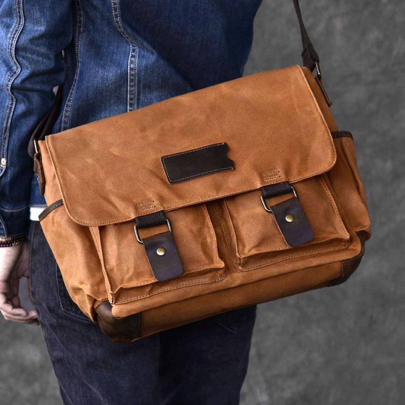 Canvas Leather Mens Large Brown Side Bag 14'' Khaki Messenger Bag Brown Postman Bag For Men Quality craftsmanship