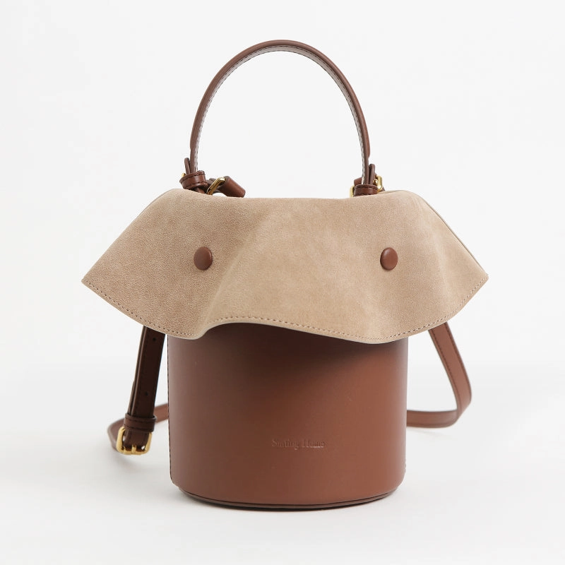 Minimal Innovation Cute Womens Leather Barrel Handbag Purse Coffee Crossbody Purse Bucket Round Shoulder Bag for Women