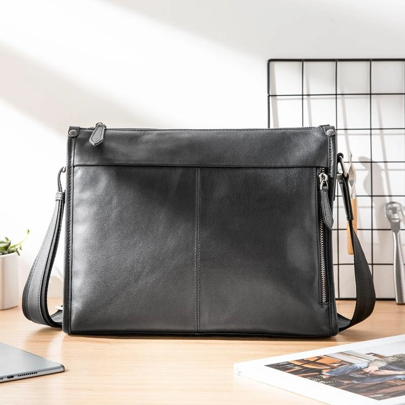 Fashion Black Leather Mens 12 inches Side Bag Messenger Bags Black Postman Bag Courier Bag for Men Urban Everyday