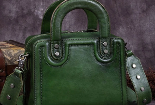 Genuine Leather Handbag Vintage Rivet Crossbody Bag Cube Shoulder Bag Purse For Women Designer leather handbag