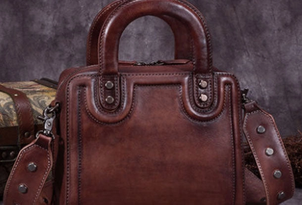 Travel Gear Genuine Leather Handbag Vintage Rivet Crossbody Bag Cube Shoulder Bag Purse For Women