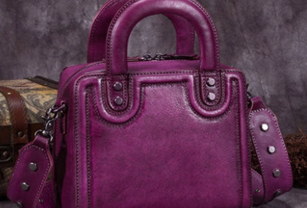 and Practical large purse. Genuine Leather Handbag Vintage Rivet Crossbody Bag Cube Shoulder Bag Purse For Women