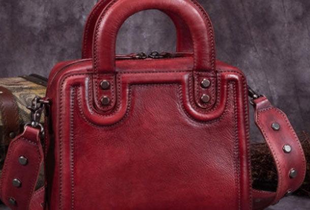 Genuine Leather Handbag Vintage Rivet Crossbody Bag Cube Shoulder Bag Purse For Women Neutral Tone
