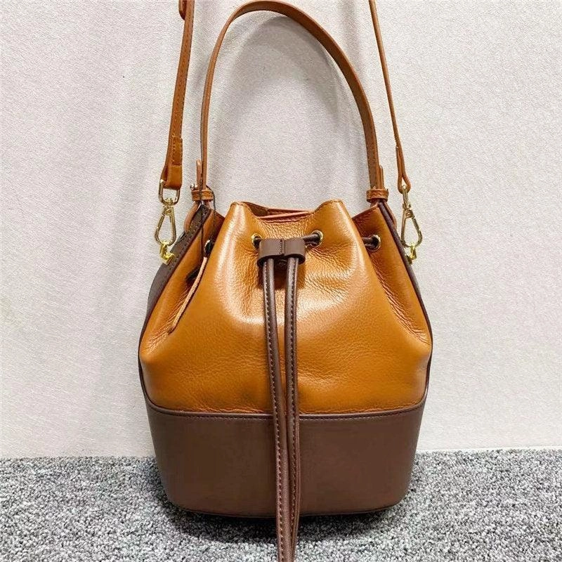 Women Leather Bucket Bag, Women Chic Distressed Leather Shoulder Bag, Women Leather Crossbody dark brown and Black Bucket Women Pouch Bag Daytime Casual Style Refined Contemporary Bag
