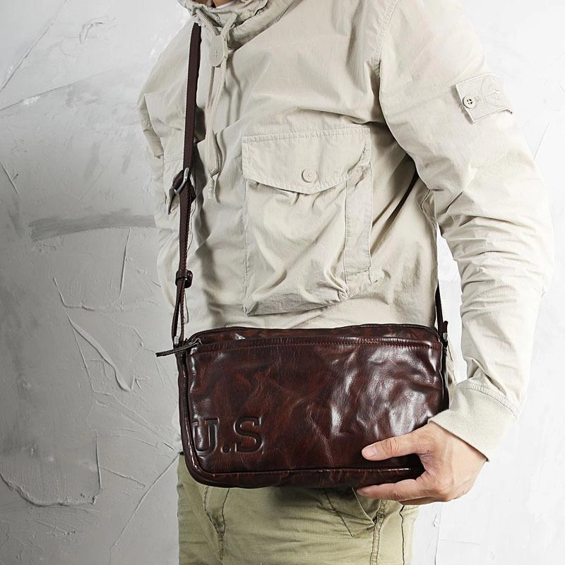 Modern Utility Urban Adventure Casual Black Leather Mens Cool Side Bag Messenger Bag Coffee Postman Courier Bag for Men