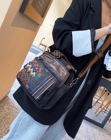 Daily Motion Women Canvas Convertible Boho Crossbody Bag Canvas HandBag Black Gray Canvas Convertible Backpack Shoulder Bag Boho Embroidery Canvas Bag Durable Performance High-performance