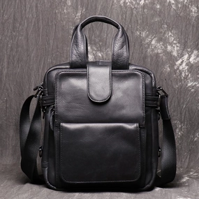 Black Leather Mens Laptop Work Bag Handbag Vertical Briefcase Shoulder Bags Black Business Bags For Men Street Style classic refinement