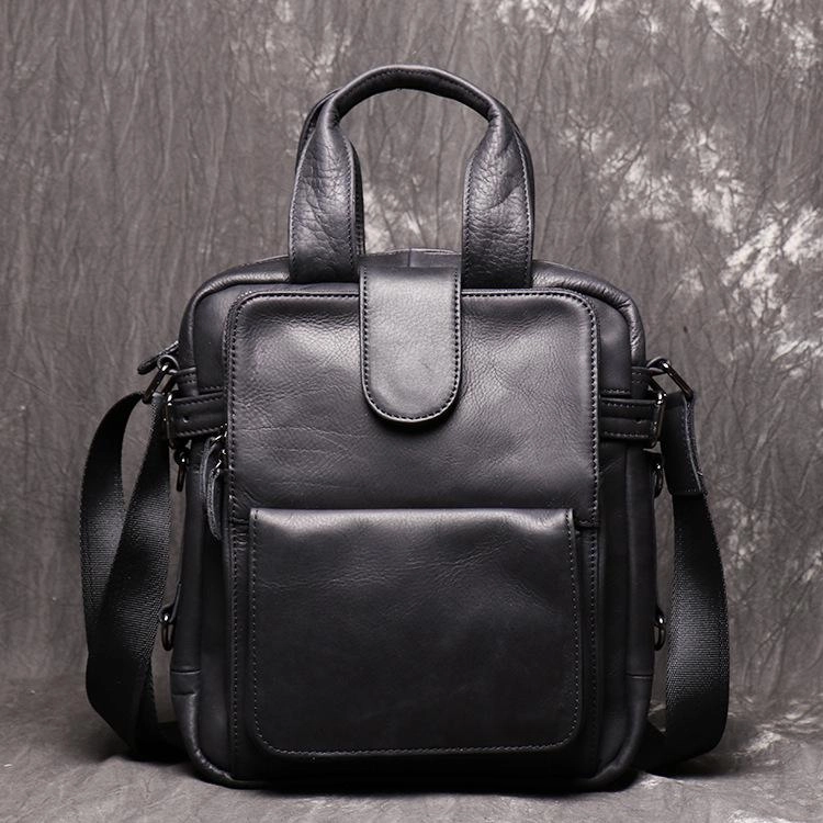 Black Leather Mens Laptop Work Bag Handbag Vertical Briefcase Shoulder Bags Black Business Bags For Men Street Style classic refinement