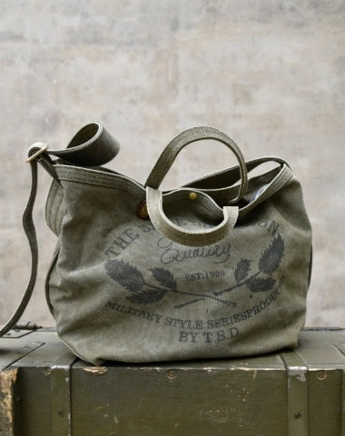 Army Green Tote Handbag Canvas Tote Bag For Women Green Distressed Canvas Tote Shoulder Bag Smooth Surface Elegant fashion purse