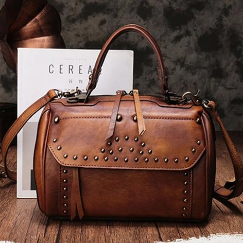 Vintage WOmens Green Leather Handbags Studded Work Bag Vintage Leather Shoulder Purses Stylish Texture