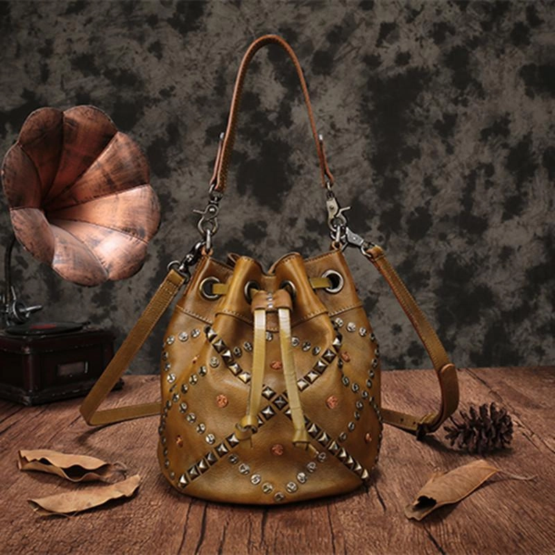Purple Leather Womens Bucket Handbag Shoulder Bag Studded Western Leather Shoulder Barrel Bag Purse Everyday Fashion Choice Versatile Daily Style