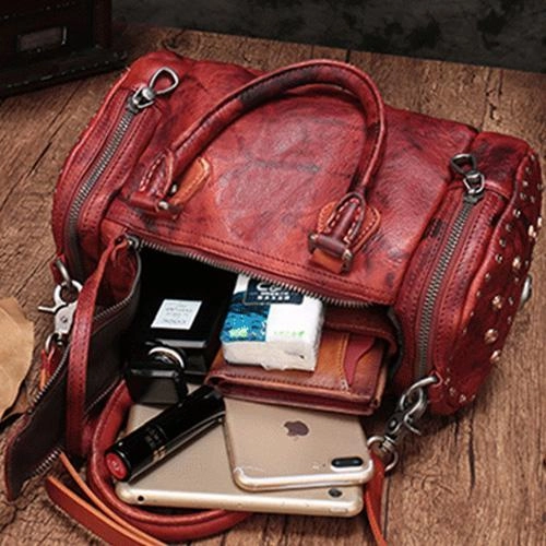 Bright Accent Warm Shade Purple Rivet Vintage Womens Leather Handbags Boston Purse Western Leather Boston Purses for Ladies