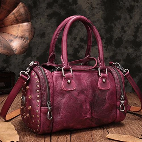 Essential Accessory Purple Rivet Vintage Womens Leather Handbags Boston Purse Western Leather Boston Purses for Ladies