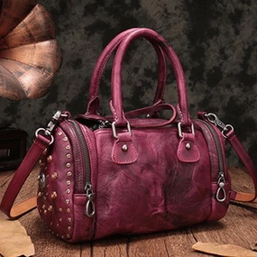 Purple Rivet Vintage Womens Leather Handbags Boston Purse Western Leather Boston Purses for Ladies Timeless Aesthetic