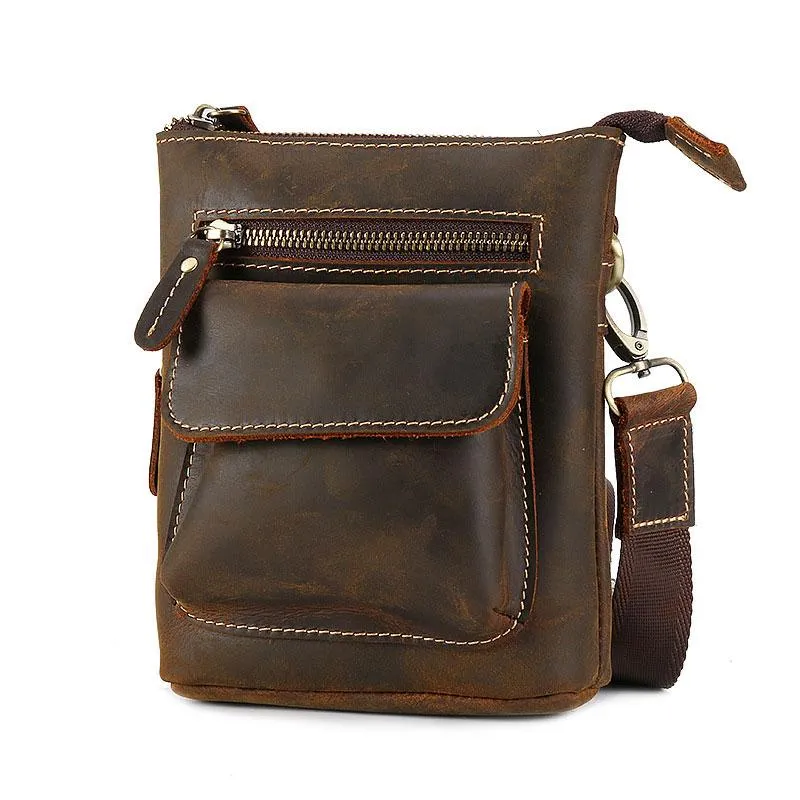 Cool Dark Brown Leather Mens Belt Pouch Mini Shoulder Bags Waist Bags For Men Compact Carry