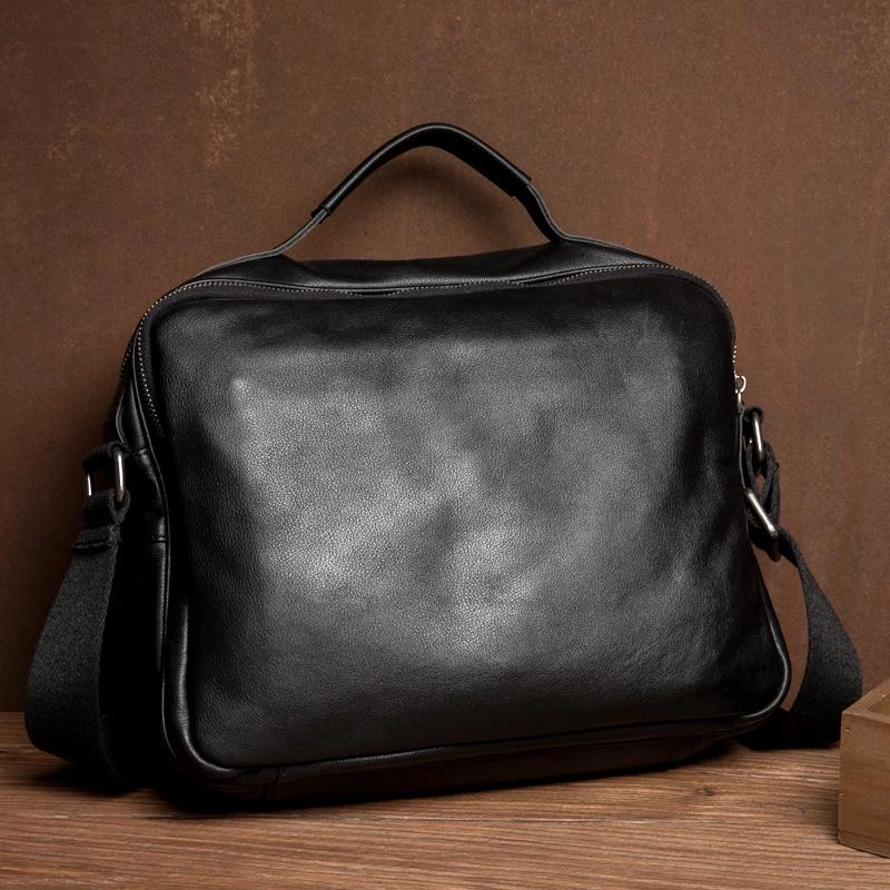 Cool Black Leather 11 inches Mens Small Messenger Bags Courier Bag Shoulder Briefcase for Men Fashion Comfort