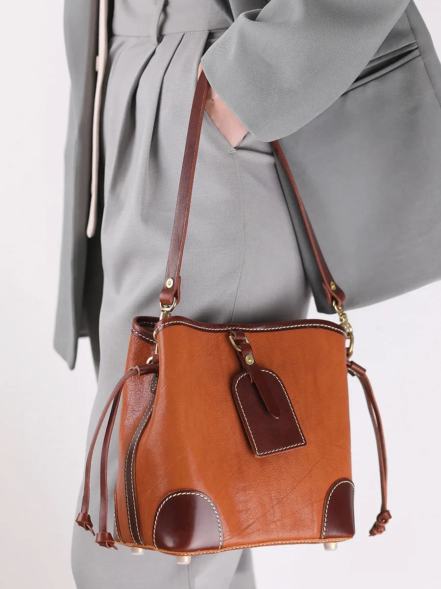Women's Full-Grain Leather Bucket Bag | Handcrafted Top-Handle Drawstring Shoulder Tote Lightweight Leather