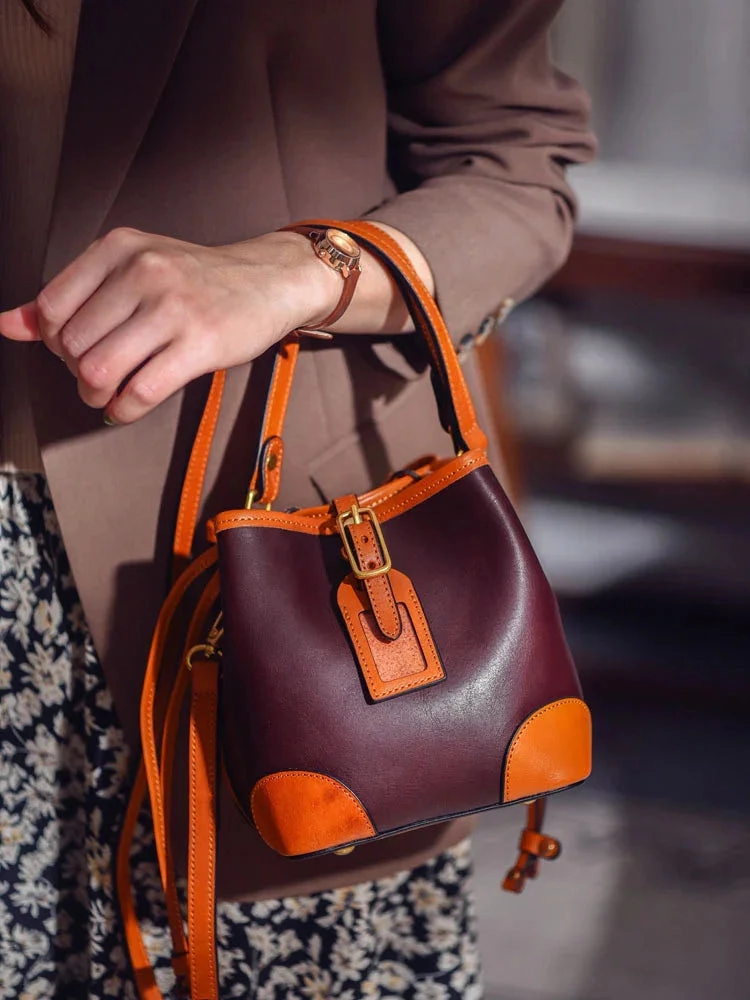 Daily City Life Women's Full-Grain Leather Bucket Bag | Handcrafted Top-Handle Drawstring Shoulder Tote