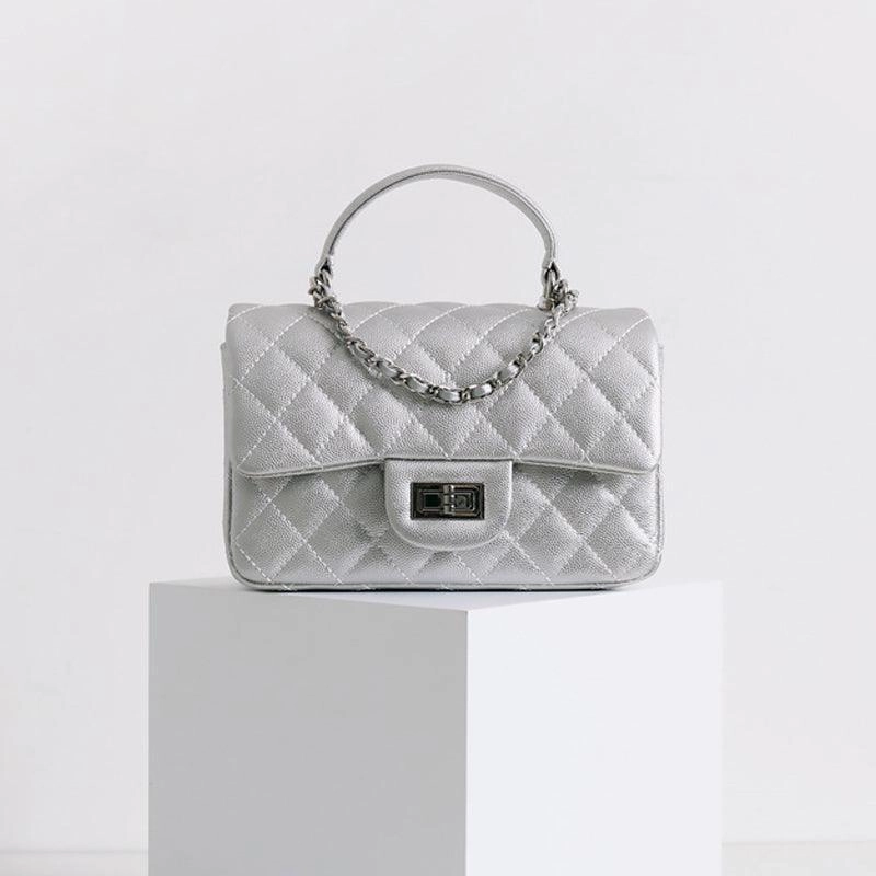 Timeless Outfit Smart Style Quilted Metallic Calfskin Leather Crossbody Bag, Classic Flap Bag Genuine Leather Shoulder Bag, Minimalist Quilted Evening Bag, Chain Leather Designer Inspired Bag