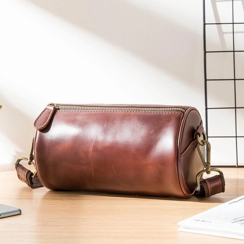 Compact accessory Red Brown Cool Leather Mens 8 inches Barrel Side Bag Bucket Messenger Bags Courier Bag for Men