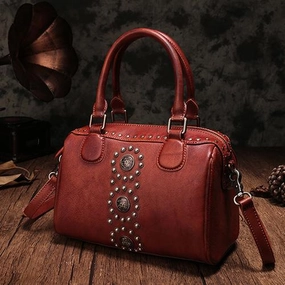 Red Vintage Ladies Leather Rivet Boston Handbag Purse Brown Shoulder Handbag for Women Fashion Ready