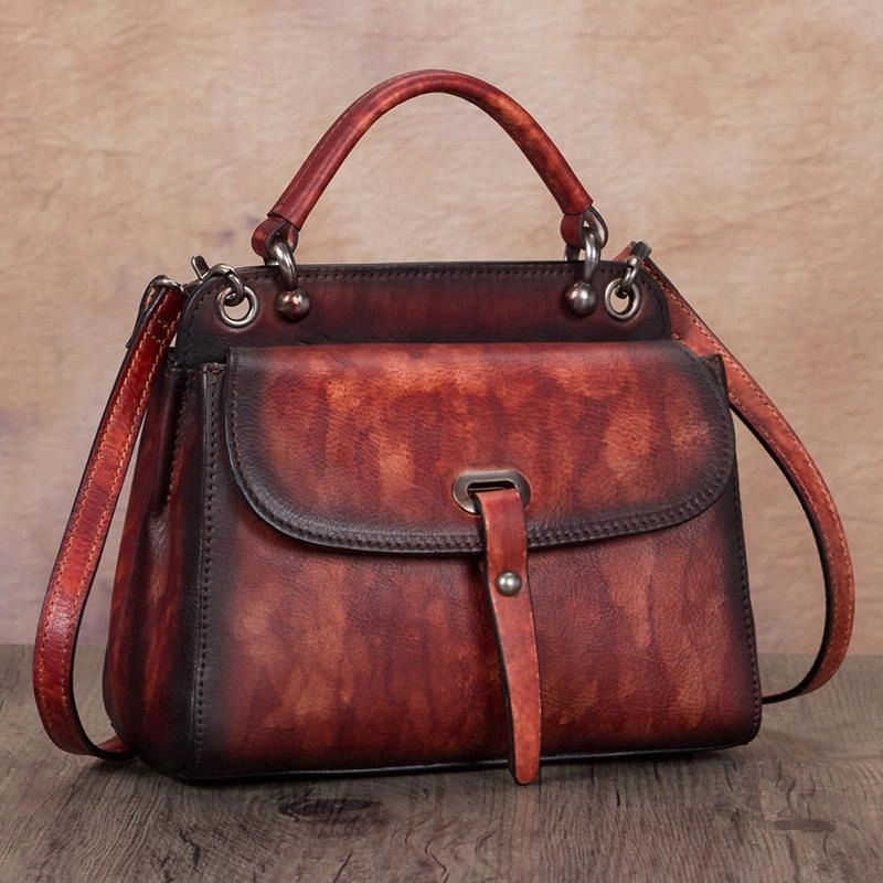 Red Vintage Ladies Leather Square Satchel Handbag Purse Brown SHoulder Bag Side Bag for WOmen Premium Choice
