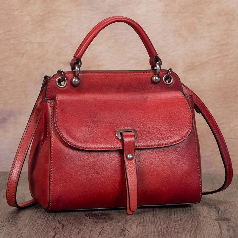 Compact Size City Fashion Red Vintage Ladies Leather Square Satchel Handbag Purse Brown SHoulder Bag Side Bag for WOmen