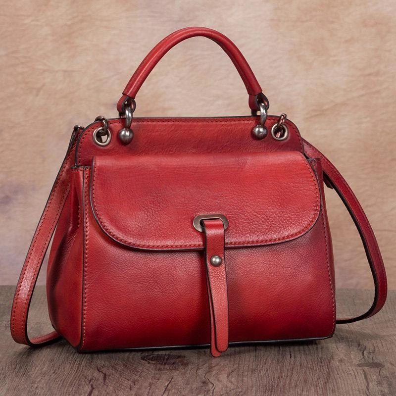 Functional Style Red Vintage Ladies Leather Square Satchel Handbag Purse Brown SHoulder Bag Side Bag for WOmen