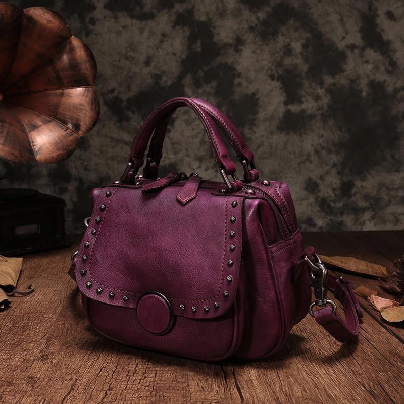 Red Vintage Womens Leather Rivet Handbag Brown Side Bag Satchel Bag Purse for Ladies Casual Outfit