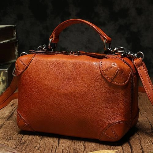 Red Womens Leather Satchel Handbag Cube Square Box Satchel Brown Handbag Purse for Ladies Global Trend Organized Layout