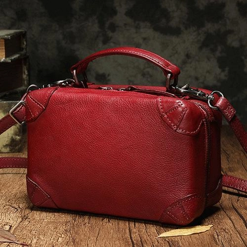 Chic Appearance Functional Storage Red Womens Leather Satchel Handbag Cube Square Box Satchel Brown Handbag Purse for Ladies