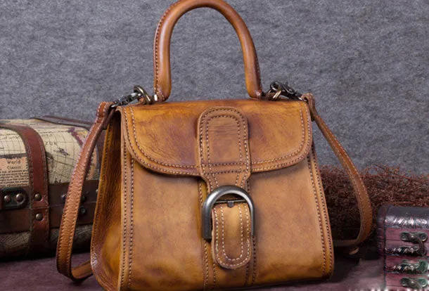Compact Carry Genuine Leather Handbag Vintage Saddle Bag Shoulder Bag Crossbody Bag Purse For Women