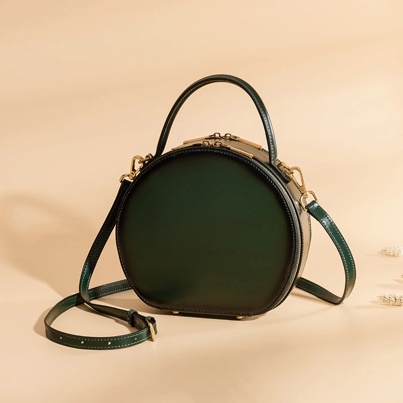 Modern Classic Cute Womens Brown Leather Round Handbag Crossbody Purses Round Brown Shoulder Bag for Women