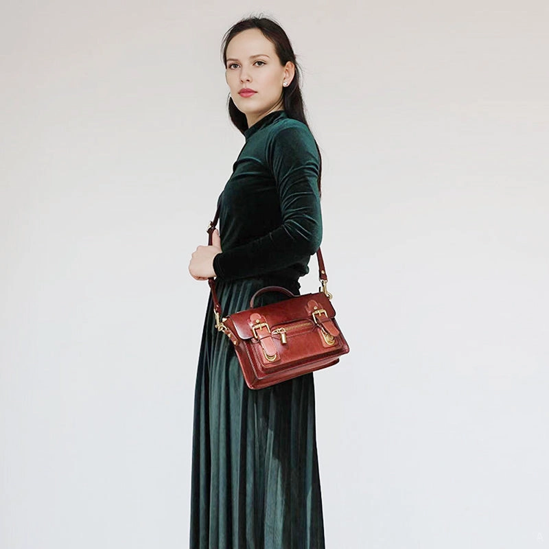 Stylish Pick Classic Elegance Womens Small Leather Satchel Crossbody Bag Vintage School Handbags Shoulder Bag for Ladies
