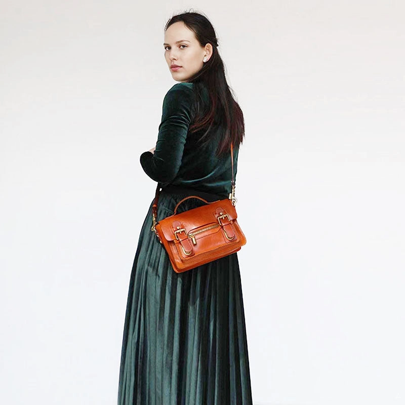 Functional Look Womens Small Leather Satchel Crossbody Bag Vintage School Handbags Shoulder Bag for Ladies